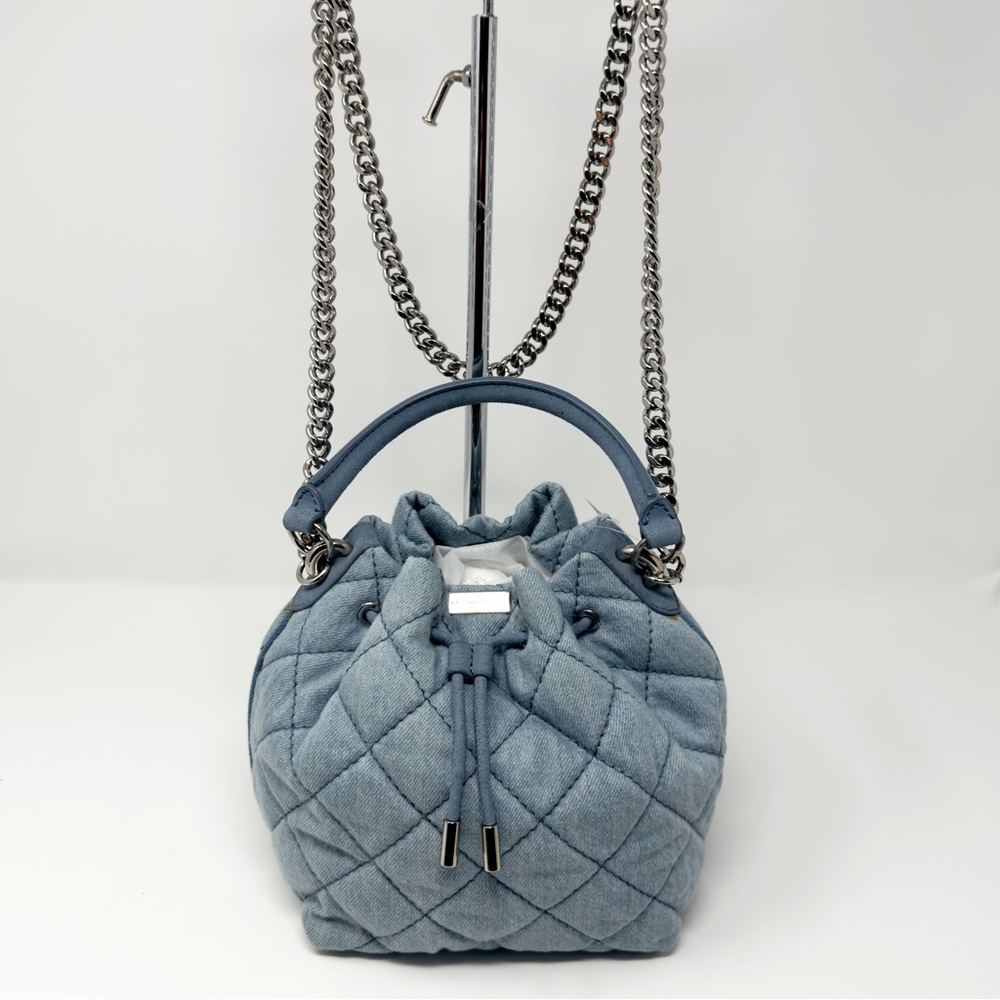 Stella McCartney Quilted Slate Blue Drawstring Bucket Bag with Silver Chains